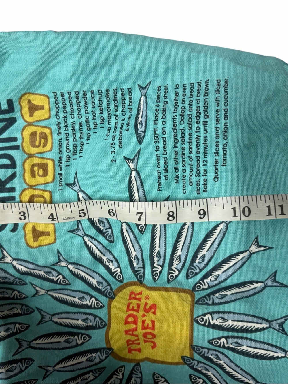 Trader JoeS Sardine Toast Tote Bag in Aqua with Red Handles - Picture 4 of 5